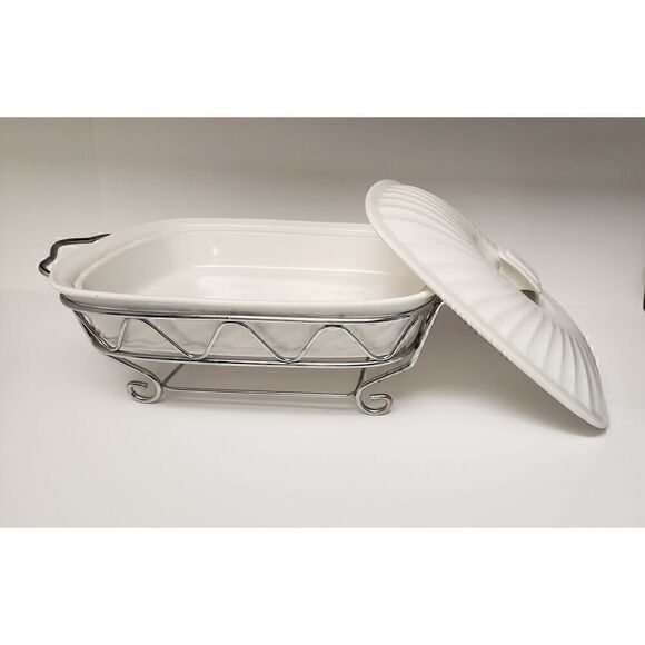 Godinger Rare Vintage 2 Quart Rectangular Covered Porcelain Baker W/Serving Rack - Picture 2 of 9
